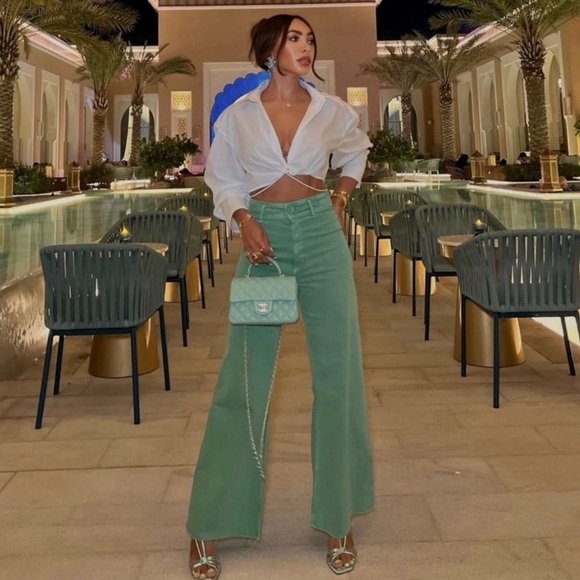 Zara HIGH-WAISTED ZW SAILOR MARINE STRAIGHT JEANS GREEN - Picture 1 of 5